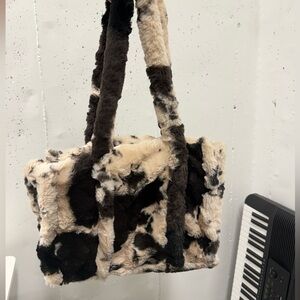 Faux Fur Tote Bag - Black and Cream Cow Print